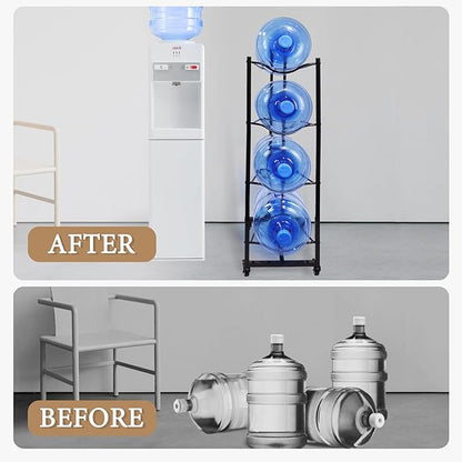 5 Gallon Water Bottle Holder, 4-Tier Heavy Duty Water Cooler Jug Rack, Water Jug Stand with 4 Wheels, Water Jug Rack for Kitchen, Garages - Black