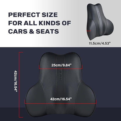 Coverado Lumbar Support Pillow for Car, Ergonomic Memory Foam Back Pillow for Office Chair, New Back Cushion for Pain Relief, PU Leather Car Lumbar Support for Driving Seat - BK
