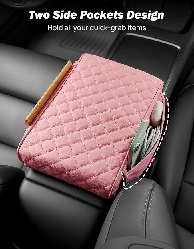 JOYTUTUS Pink Center Console Cover with Storage Bag for SUV Sedan, PU Leather Arm Rest Pad Middle Console Protector, ‎12.6" x 7.8" x 2.16"