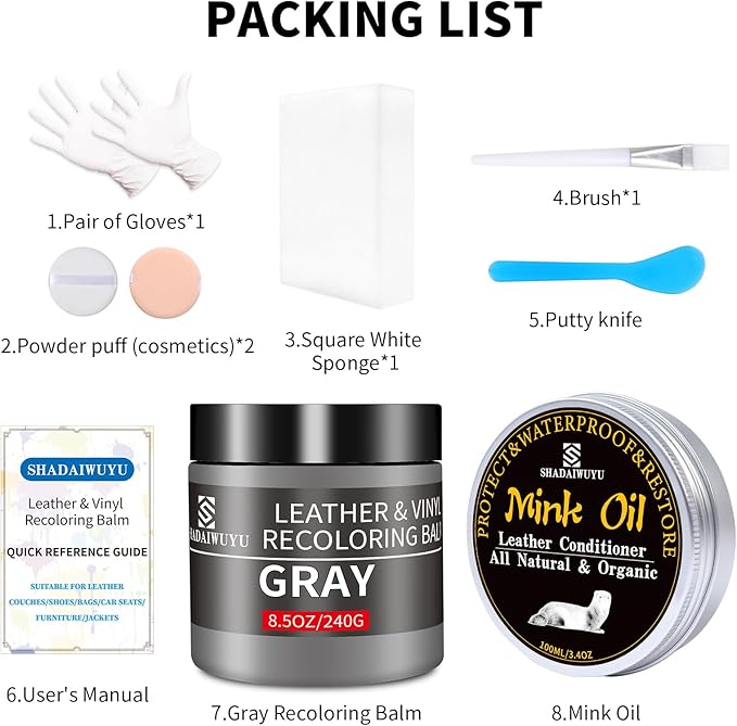 8.5oz Leather Recoloring Balm with 100ml Mink Oil,Gray Leather Repair kit for Furniture and Car Interior,Leather Couch Scratch Repair,Leather Dye Paint,Mink Oil for Leather