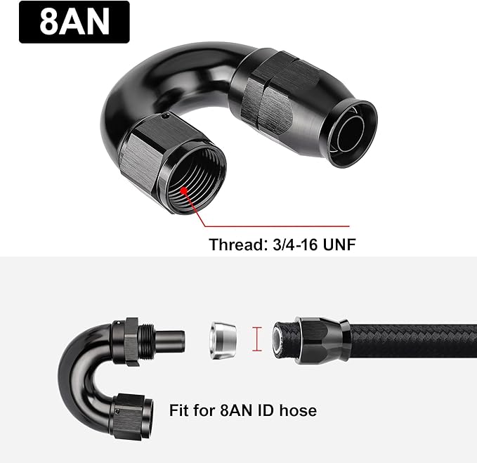 EVIL ENERGY 8AN 180 Degree PTFE One Piece Full Flow End Hose Fitting Aluminum Black
