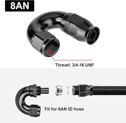 EVIL ENERGY 8AN 180 Degree PTFE One Piece Full Flow End Hose Fitting Aluminum Black