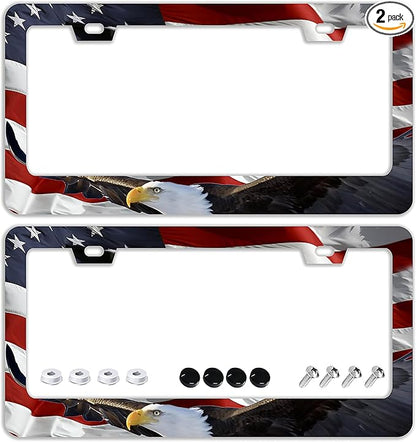 American Flag Eagle License Plate Frames - 2 Pcs Set 2 Holes Stainless Steel Metal Auto Car Accessories Decoration License Plate Frame Cover Size 6.3" x 12.2" Fit US Vehicles for Women Men Gift