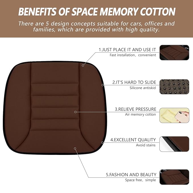 MYFAMIREA Car Seat Cushion Pad 1.2" Thick Comfort Protector for Car Driver Seat Office Chair Home Use Memory Foam Cushion with Non Slip Bottom, 20'' x 18.5'', Coffee