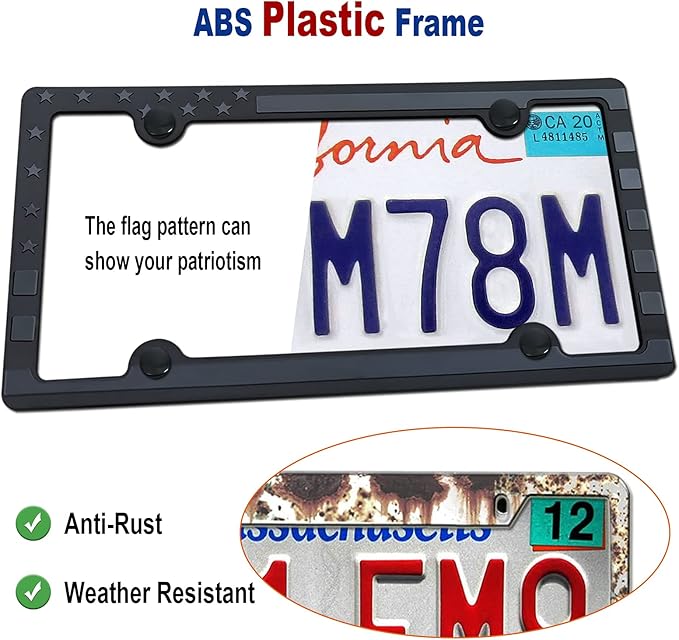 Black American Flag License Plate Frames- Patriotic USA Stars and Stripes Flag Plastic Car Tag Cover Holder with Mount Screws Caps for Truck/SUV, Auto Accessories for Veterans Military