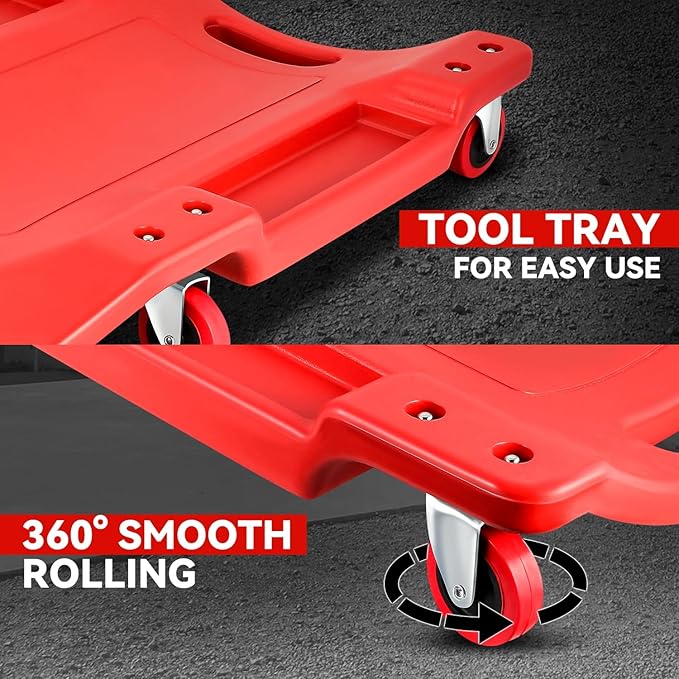 Auto Dynasty 36 Inches Mechanic Creeper, Automotive Garage Repair Low Profile Under Car Rolling Creeper with Padded Headrest, Plastic, Red