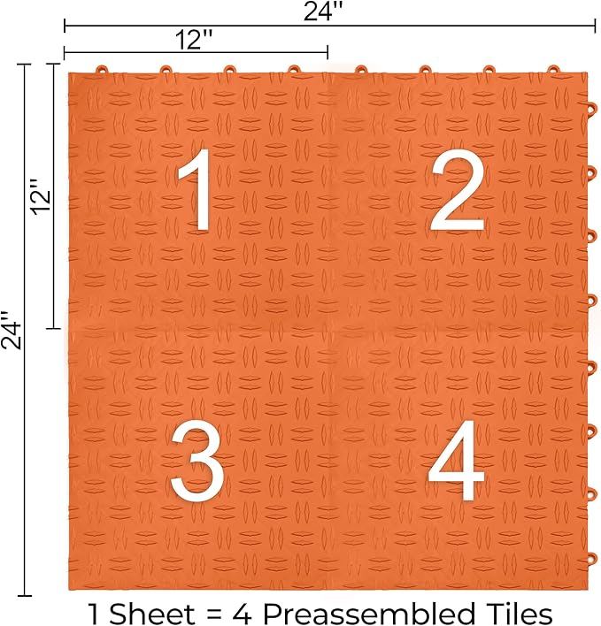 Big Floors GarageTrac Diamond, Interlocking Non-Slip Garage Flooring Tile, Durable, Modular, Heavy-Duty Copolymer, Easy Install (Orange, 24 Pack of 12 x 12" Tiles)