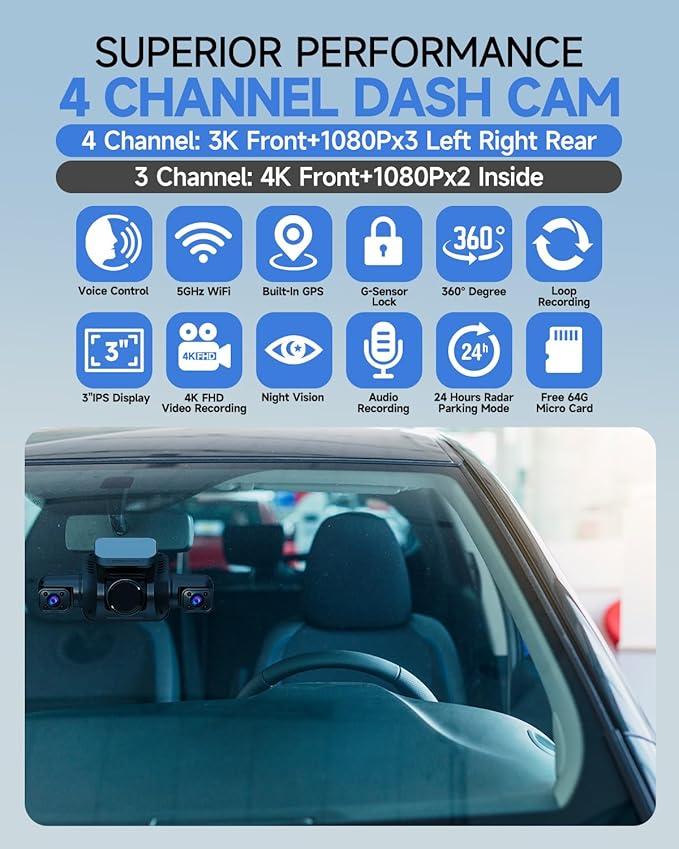 Dash Cam 4 Channel Front and Rear Inside, 360° Car Camera 4K UHD, Dash Camera for Cars Built-in Wi-Fi GPS, Dashcam with 64GB Card, Voice Control, CPL Filter, WDR Night Vision, 24H Parking Mode(V8PLUS)
