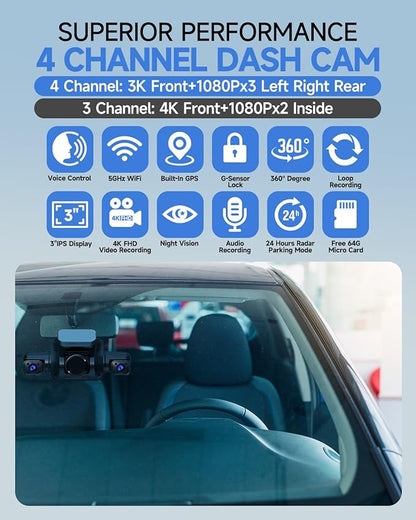 Dash Cam 4 Channel Front and Rear Inside, 360° Car Camera 4K UHD, Dash Camera for Cars Built-in Wi-Fi GPS, Dashcam with 64GB Card, Voice Control, CPL Filter, WDR Night Vision, 24H Parking Mode(V8PLUS)