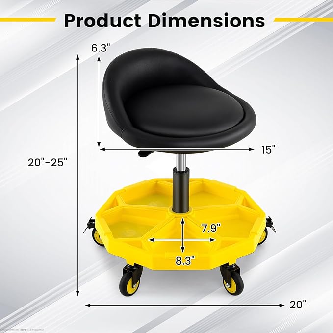 Goplus Rolling Garage Stool, 20”-25” Height Adjustable Mechanic Stool w/Magnetic Tool Tray, 2.5" Thick Padded Seat, Universal Lockable Wheels, Pneumatic Creeper Seat for Repair Shop, 350LBS Capacity