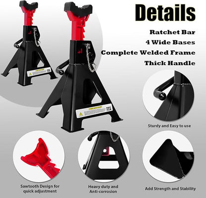 6 Ton Jack Stands, 15.6"-23.4" Adjustable with Double Pin Locking,Heavy Duty Jack Stands with Extra Rubber Pads,Car Lifts for Home Garage,Lifting Various Vehicles,1 Pair Black