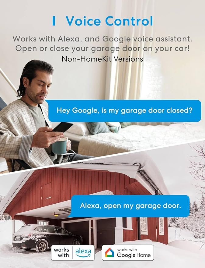 meross Smart Garage Door Opener Remote with External Antenna, Compatible with Amazon Alexa, SmartThings, Control Up to 3 Single Doors(Non HomeKit Versions with 2 Door Sensors)