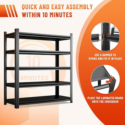 5-Tier Heavy Duty Metal Shelving Unit, 2500LBS Capacity Garage Storage Shelf, Industrial Adjustable Storage Rack for Warehouse, Basement, Commercial & Home Use (77" H x 35.4" W x 15.7" D,Black)