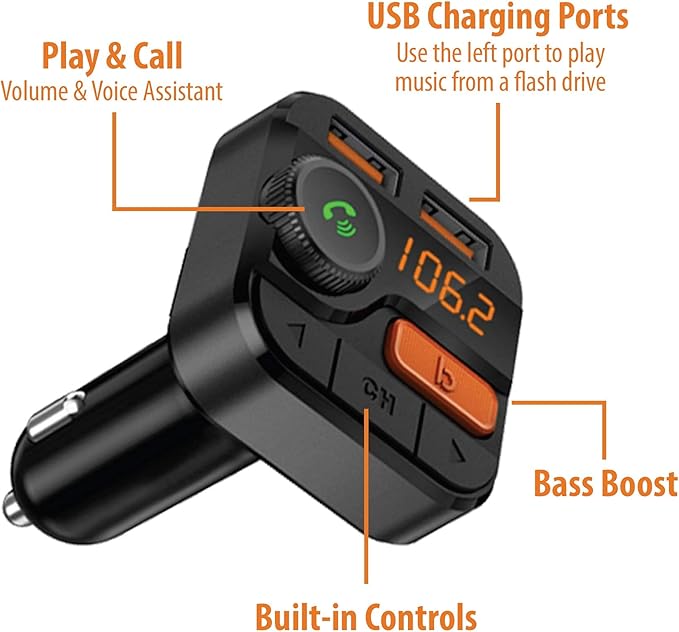 Xtreme Digital Lifestyle Accessories Armor All Wireless Bluetooth FM Transmitter with Dual Port USB Charging, Voice Controls, Bass Boost, Hands-Free Calling and Music Streaming,Block,AHF9-1010-BLK