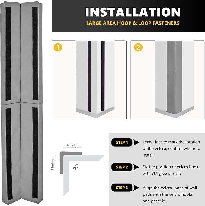 Wall Corner Guards & Edge Protector, Heavy Duty Wall Corner Protective Safety Padding, All-Weather 2 Sides Corner Pad for Gyms, Basketball Court, Playrooms, Garages,etc. (Gray, 5FT Tall 6in Sides)