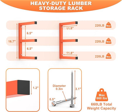 Ultrawall Lumber Storage Rack Wall Mount Wood Storage Racks, Metal Wood Organizer Racks for Shed, Workshop, Garage, Holds Up 220 LBS Per Level (Pack of 4, Orange)