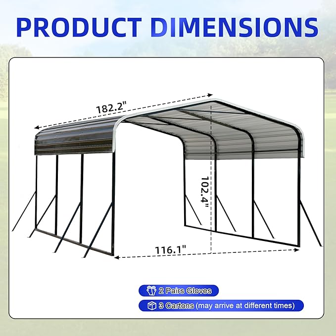 10x15 Metal Carport with Base Fixings Heavy Duty Garage Outdoor Chrome Plated Frame and Sheet Metal Construction Suitable for Boats, Cars, Tractors and Agricultural Equipment, Dark Gray