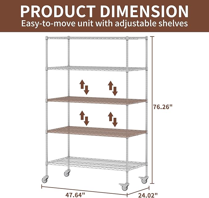 5-Tier Metal Storage Shelving Unit, Adjustable Storage Rack Display Shelves, Industrial Steel Wire Shelf on Wheels, Commercial and Home Use, 48”W x 24”D x 72”H, 1500 LBS Capacity