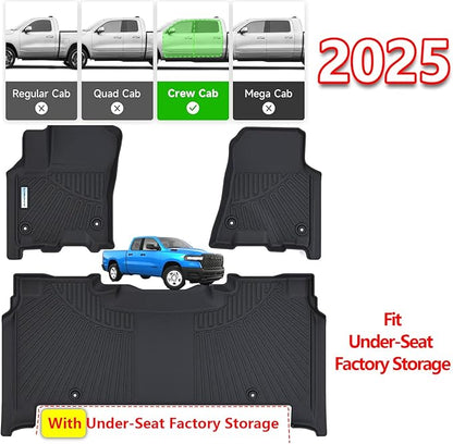 SANBAN Floor Liners for 2025 Dodge Ram 1500 Crew Cab（Rear with Under-Seat Factory Storage）,TPE All Weather Protection 2 Rows Car Floor Mats.