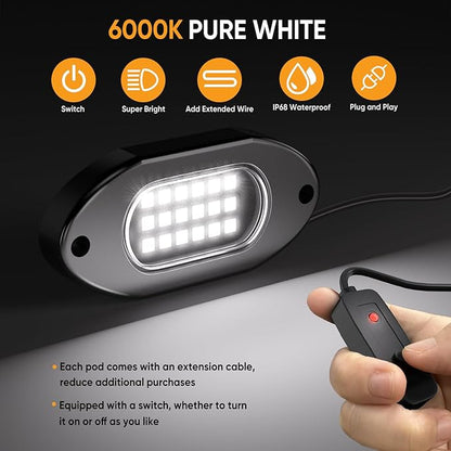 Honalia White LED Rock Lights Kits 6 Pods, 6000K Pure White Rock Lights with Switch