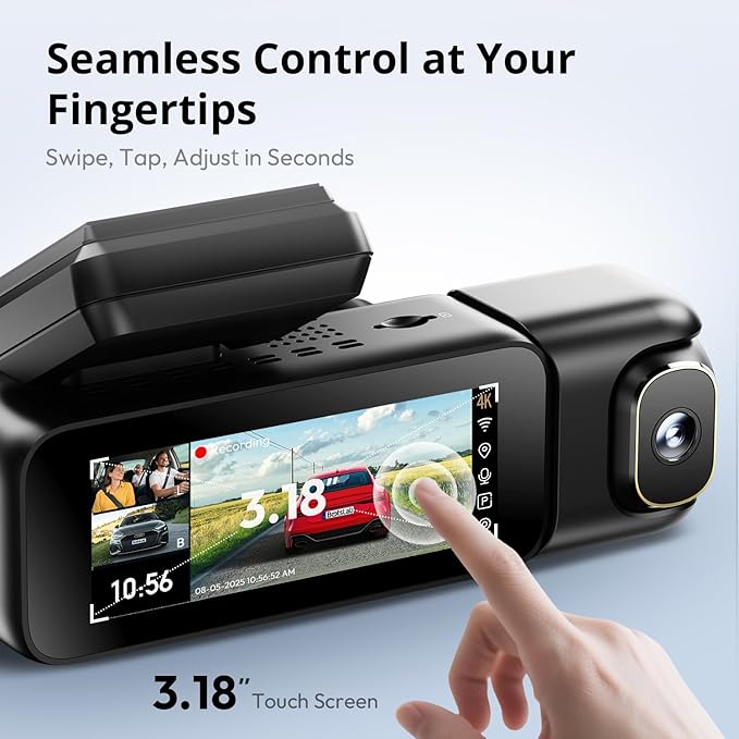 3 Channel Dash Cam 4K with 128GB Card, 3.18" Touch Screen, Voice Control, 4K Front and 1080P Rear Inside Loop Recording, 5.8GHz WiFi, GPS, Night Vision, WDR, Parking Mode