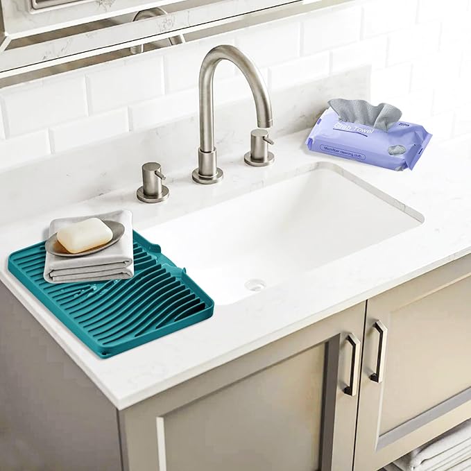 Silicone Dish Drying Mat, Stone Drying Mat for Kitchen Counter with Built-in Drain, Non-Slip 15.8" X 13" Drying Matt Kitchen Counter and Grey Microfiber Cleaning Cloth, Cleaning Rags Set(Green)