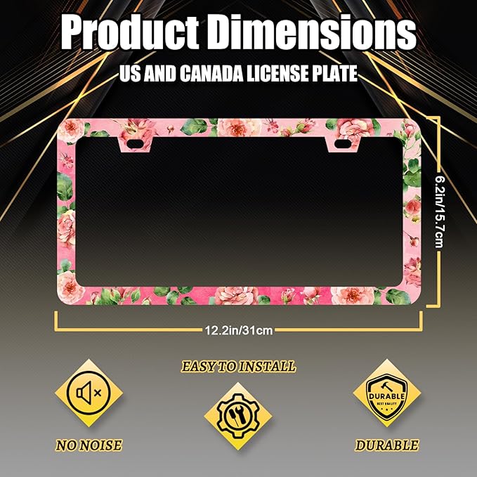 Watercolor Roses License Plate Frame Pink Floral Flower License Plate Holder for Women Car Decorative Stainless Steel Colorful License Plate Flowers Auto Parts with Screws 12.2" x 6.2"