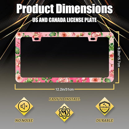Watercolor Roses License Plate Frame Pink Floral Flower License Plate Holder for Women Car Decorative Stainless Steel Colorful License Plate Flowers Auto Parts with Screws 12.2" x 6.2"
