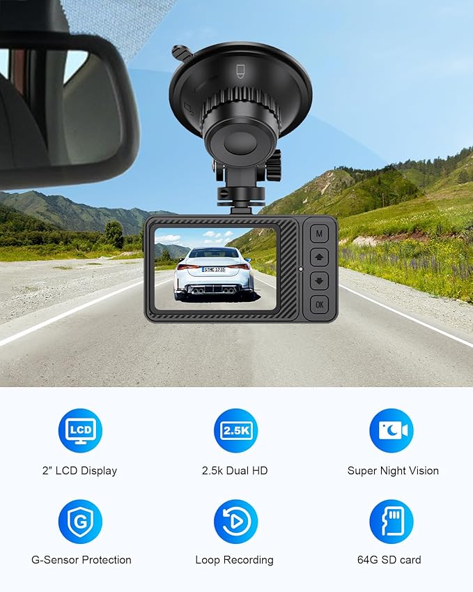 Dash Cam Front and Rear, 2.5K+1080P Dual Dash Camera for Cars, 2’’ Display Mini Car Camera, G-Sensor Dashcam, Night Vision, 24H Parking Mode, Loop Recording, 170°Wide Angle, 64GB Card Included, Black