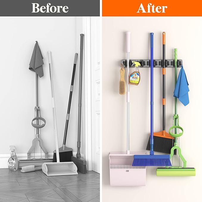Lifewit Mop and Broom Holder Wall Mount, Anti-Slip Broom Hanger for Kitchen Organization, Heavy Duty Cleaning Supplies Organizer, Easy Install Tool Organizer for Closet, Garage, 2 Pack, Grey