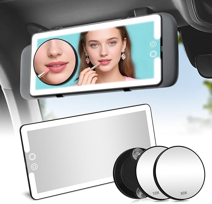 Car Sun Visor Vanity Mirror,Rechargeable Led Dimmable Makeup Mirror,With 10x and 30x magnification,3 Light Modes