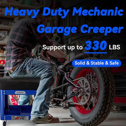 Rolling Creeper Garage Shop Seat for Men, Padded Mechanics Stool with Tool Tray Storage for Garage, Rolling Workshop Stool with Wheels, Auto Creeper Seat, 330 LBS Capacity, Heavy Duty, Blue
