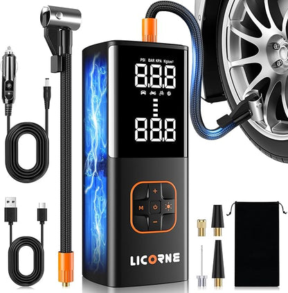 Tire Inflator Portable Air Compressor, 5X Faster Portable Air Pump for Car Tires with Powerful Battery, 180PSI Cordless Air Pump with Digital Pressure Gauge for Cars, Bike & Motorcycle Tires, Ball
