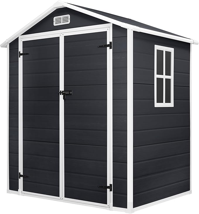 6*4.4 FT Resin Outdoor Storage Shed Plastic Shed with Floor, Reinforced Floor for Patio Furniture, Gardening Tools, Lawn Mower, Plastic Garden Shed with Lockable Door for Backyard (Charcoal)
