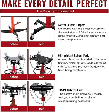 Transmission Jack 1322 LBS Hydraulic Telescoping 2-Stage Lift Jack Stand 33.8"-72.8" High Lift Transmission Jacks with Foot Pedal & 360° Swivel Wheels for for Garage/Workshop Car and Truck Repairs