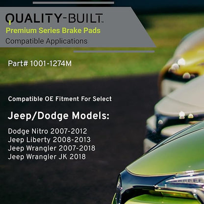 Premium Semi-Metallic Rear Brake Pads (1001-1274M) Compatible with Dodge Nitro 2007-2012, Jeep Liberty 2008-2013, Jeep Wrangler 2007-2018, Jeep Wrangler JK 2018-2018