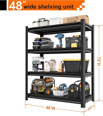 Garage Storage Shelves Heavy Duty, 48”W Garage Shelving and Storage Rack, 2200LBS Loads Shelving Units, Adjustable 4-Tier Metal Shelves for Garage, Warehouses, 48”W×16”D×63”H,Black