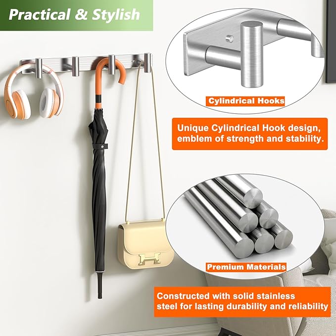Wall Mounted Coat Rack-4 Hooks, Heavy Duty Stainless Steel Hook Rail for Towel Coat Hat Purse Bag Jacket, Towel Hooks for Entryway Bathroom Kitchen (Silvery 4 Hooks - 1 Pack)