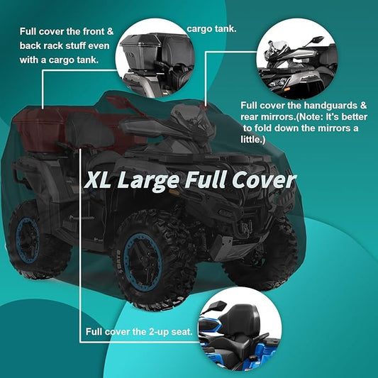 QYMOTO ATV Cover,Large ATV Cover XL 2-UP 4 Wheeler Quad Outdoor Full Protection Heavy Duty 420D Waterproof Windproof for CFMOTO Cforce,Polaris Sportsman 570,Can am Outlander 570 850,Ya maha Grizzly