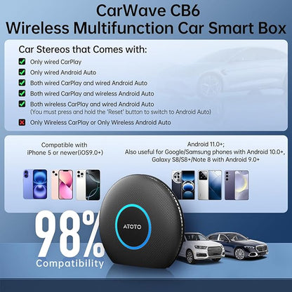 Ai Box Carplay/Android Auto Wireless Adapter, Android 13 6-in-1 Ai Box,4G LTE Card, GPS, DriveChat, Dual Bluetooth/WiFi, 4GB+64GB, Plug & Play for 2016+ Wired CarPlay, CB6A 2025 (CB6A-BK)