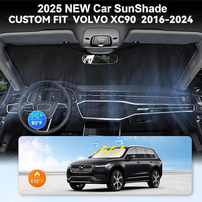 Custom Fit XC90 Windshield Sunshade for 2016 2017 2018-2024 2025 2026 Volvo XC90 SUV Interior Accessories Front Window Shield 210T Silver Coating Cover for Windshield Sun Visor Protector Blocks UV