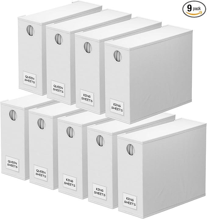 SpaceAid 9 Pack Bed Sheet Organizers and Storage, Foldable Sheet Organizer with Window for Linen Closet, Set Folder Keeper for Queen & King Size Bedding Storage (White)