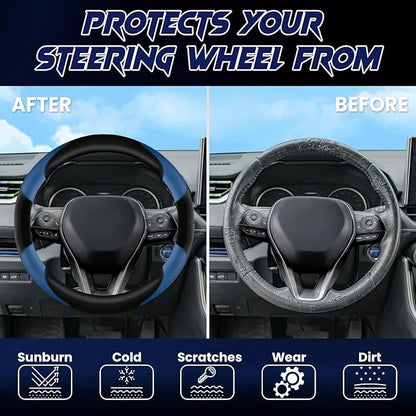 Soft Leather Steering Wheel Cover with Breathable Design and Anti-Slip Grip, Fully Compatible with Tesla, Toyota, Honda, Nissan 14.2-14.96 inch Round Steering Wheel（Sedans and SUVs）