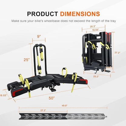 2 E-Bike Foldable Hitch Mount Bike Rack for 2" Receiver SUV & Trucks, Up to 4'' Fat Tire, Lockable Hitch Racks for E-Bike with Ramp and Wheels, 180 LBS Capacity