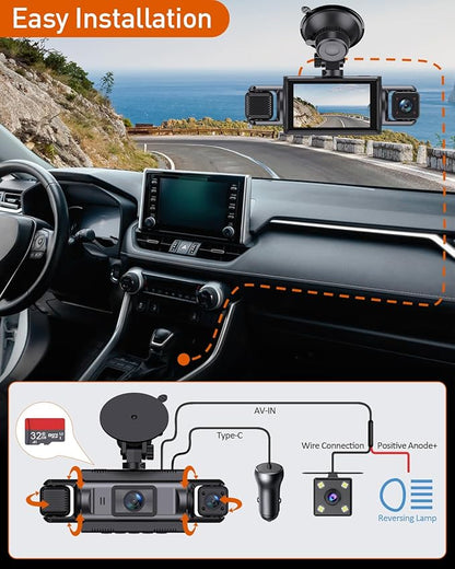 4 Channel WiFi Dash Cam with 32GB Card, 4 * 1080P Dash Camera for Cars Front and Rear Left Right,3”IPS Screen Dashcam with 360° Surveillance APP Control, 24H/7 Parking Mode,Night Vision G-Sensor