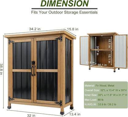 Outdoor Storage Cabinet Wood & Metal Small Storage Shed Waterproof Roof, Double Lockable Doors Garden Shed with Removable Shelves for Patio, Garden, Backyard, Lawn, 32" x 13" x 40" (Brown)