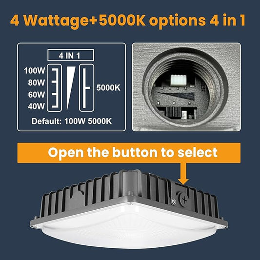 LED Canopy Light 100W, 40/60/80/100W Selectable, 5000K 15000Lumens Commercial Canopy LED Lights Outdoor, Gas Station Carport Light for Garage Shop Warehouse, IP65, DIM, 100-277VAC, ETL Listed