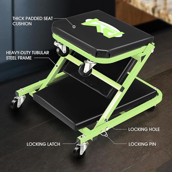 PM PERFORMOTOR 36 Inches Folding 2 in 1 Rolling Z Creeper, Adjustable Roller Garage Chair Lay Down or Sit, 6 Pcs 2" Casters, 150kg Weight Capacity, Green,PM-TOL-CPS36-GR