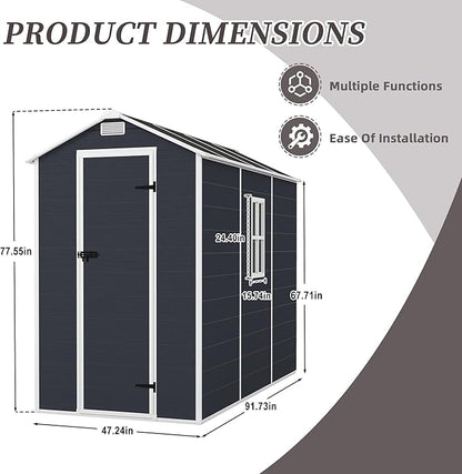 MyVoice 8x4 FT Outdoor Resin Storage Shed with HD Window, Rustproof Waterproof Garden Tool Shed, 12mm Thickened PP Panels, Large Capacity Outdoor Utility House for Backyard Patio (with Floor)