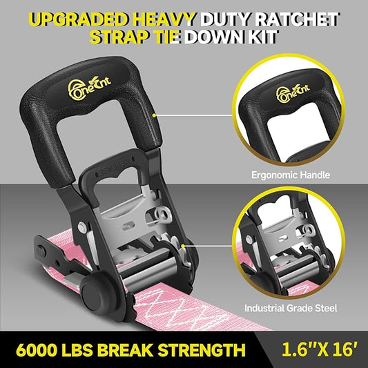 4Pcs Heavy Duty Ratchet Straps-1.6”x16ft Ratchet Strap Tie Down Kit with Padded Handles+Coated S Hooks+Soft Loop Tie-Downs-6000 Pound Break Strength（Pink）
